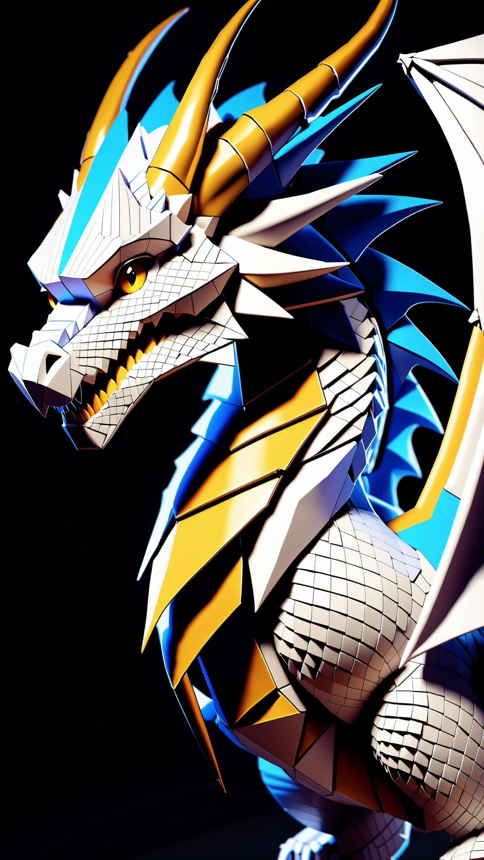 3D Dragon Model with Blue and Yellow Scales.