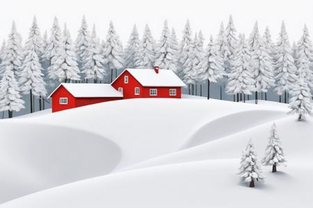 A minimalistic illustration of a snowy winter landscape with a red house tucked away on the left side of beautiful evergreen trees,  3d