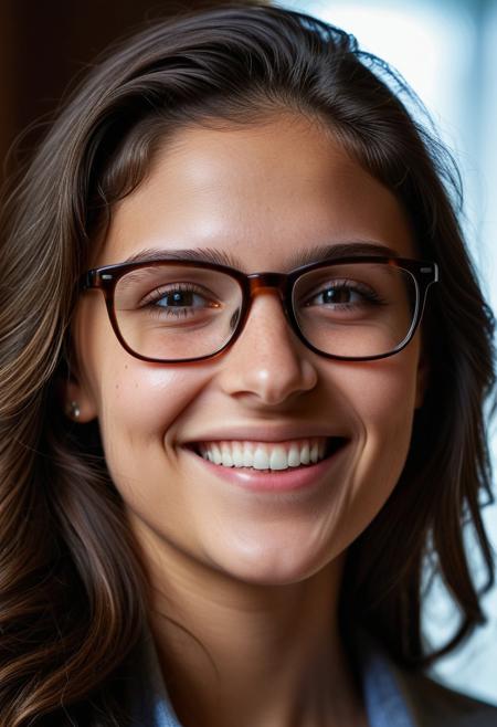 close up dramatic faceshot, full face and hair, dramatic side angled, beautiful young girl with prominent dimples and wearing glasses, 
ultra detailed skin, perfect eyes, smiling, 
realistic high resolution image, life like quality, cinematic scene with natural window lighting on partial face,
natural skin texture,, fine pores,, realistic skin,, intricate skin details,, skin dentation,