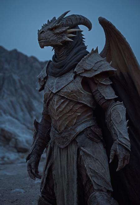 A visually striking movie-still image of a "dragonborn" (in the style of dnd/eberron dragonborn), using dragon-red 6k, with remarkably realistic lighting and textures and details. 
Features a  bleak background, perfectly detailing scales and  piercing eyes that reflect the world. This creature stands majestically, draped in a cloak made of woven canvas, its breath visible in the cold air, surrounded by a pristine, untouched badlands that is bleakly spartan under the moonlight. The scene is imbued with a sense of mystery and awe, captured through the lens of a Nikon D850 at a low angle to emphasize the imposing stature of the dragonborn against the vast, silent  night. The composition focuses on the fusion of natural and fantastical elements, suggesting an untold story of survival and adaptation, with a setting that feels both alien and familiar