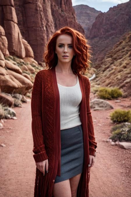 photo of beautiful (merida (amy manson) <lora:merida:1>:1), a woman, perfect fiery red hair, (oversized knit cardigan with a bodycon skirt), closeup portrait, (deep rugged canyon with imposing rock formations and a sense of grandeur), ((detailed eyes)), shallow depth of field, vignette, high budget Hollywood film, bokeh, cinemascope, epic, gorgeous, film grain . 35mm photograph, film, bokeh, professional, shot by rania matar, 4k, highly detailed