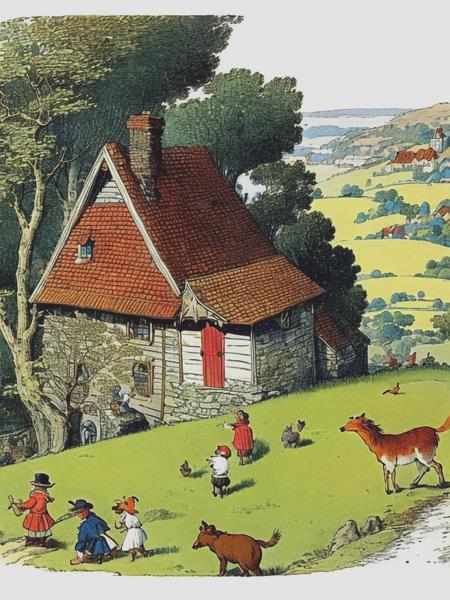 <lyco:RandolphCaldecott:1.0> Small house on a hill with children and fantasy animals by Randolph Caldecott