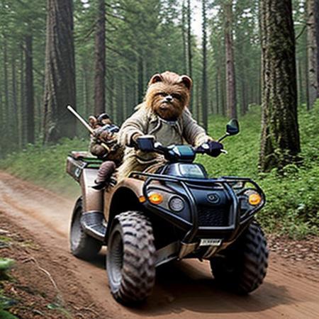 A full body photo of an Ewok on Endor, it's carrying an Uzi and riding an ATV, 
It looks cute and adorable yet fierce at the same time, The Ewok equivalent of Rambo, funny, 
highest quality, exceptional accuracy and realism,