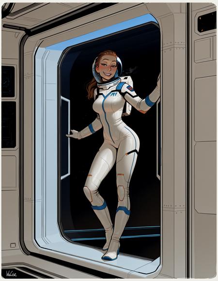 IllustriousQual, detailed face,
tall woman, milf, solo, thick build, long brown hair, hair pulled back, medium breasts, long legs, (muscular thighs:0.3),
flirty smiling, wearing a spacesuit and helmet, on a space station, posing in an airlock, view of blue planet out of window,
<lora:incaseIllustrious:0.8> incase style,