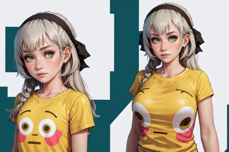 High Quality, Masterpiece, incrsemojishirt, 1girl, multiple views, yellow shirt, <lora:FlushedEmojiShirt:1>, elie macdowell, green eyes, hairband, <lora:Char_OC_ElieMacDowell:0.9>