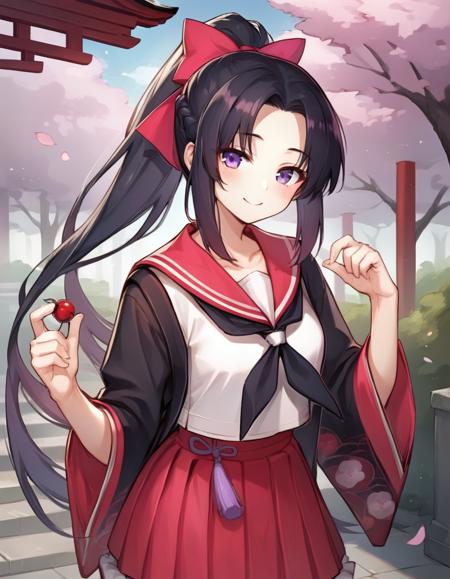 Wei Li very long hair,black hair,ponytail,hair bow,pink bow,hair ribbon,french braid,sidelocks,parted bangs,forehead,purple eyes collarbone,japanese clothes,black kimono,furisode,cherry blossom print,open kimono,school uniform,serafuku,red sailor collar,black neckerchief,white shirt,long sleeves,wide sleeves,tassel,red skirt,frilled skirt,white socks,clog sandals