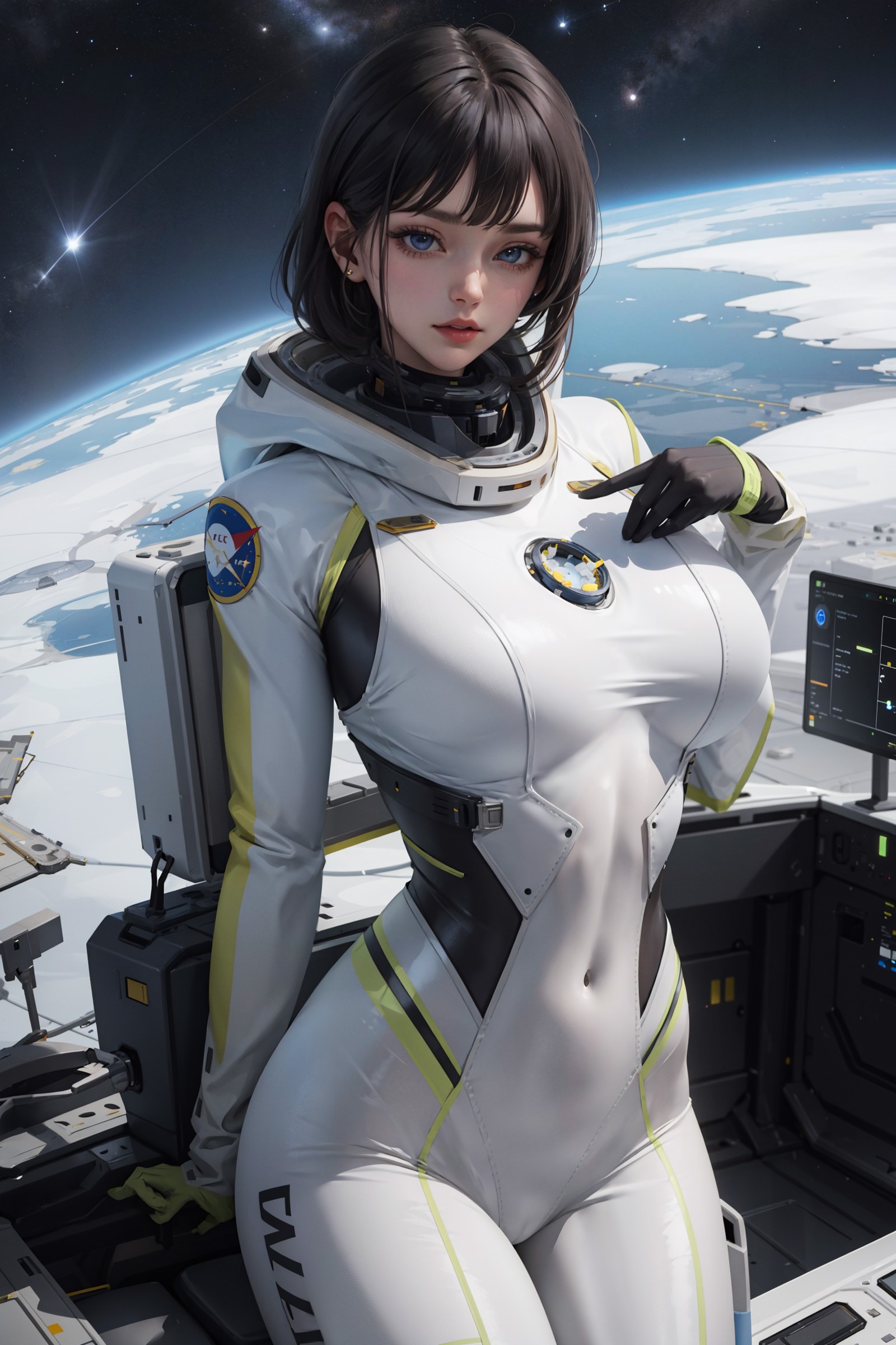 (masterpiece:1.2, best quality), 1lady, solo, body suit, big tits, Space Center, National Aeronautics and Space Administra...