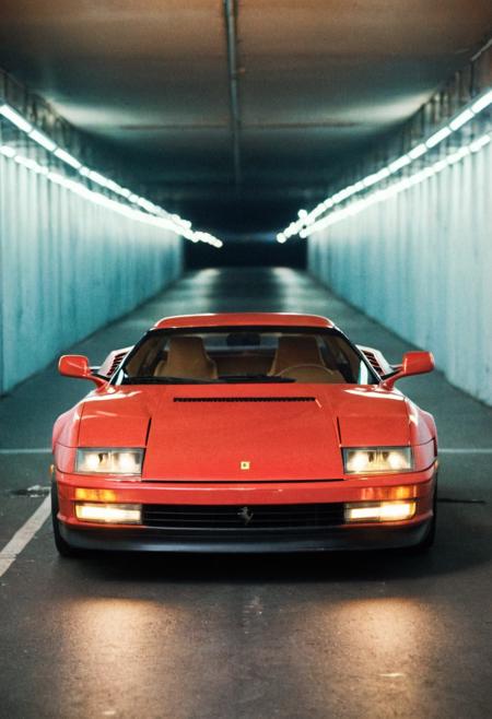 analog film photo (Sportscar gleaming red Ferrari Testarossa, symmetrical front view, bright headlights, indoors tunnel), white neon lights, (stylish, film grain:1.3) . faded film, desaturated, 35mm photo, grainy, vignette, vintage, Kodachrome, Lomography, stained, highly detailed, found footage