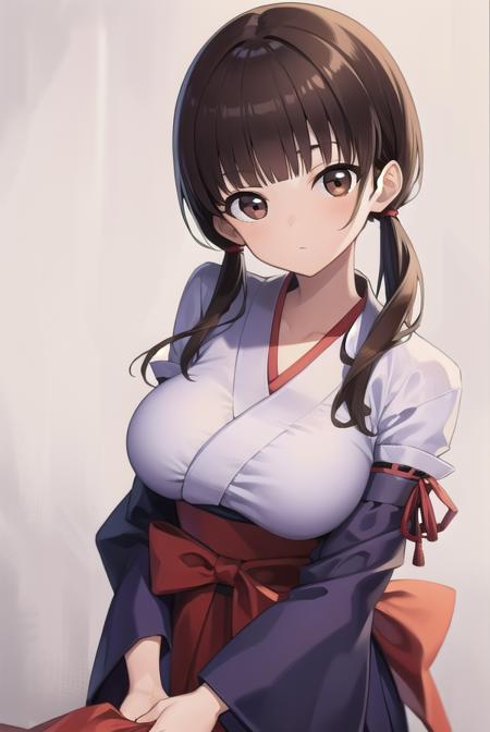 komakijindai, <lora:komakijindai-000010:1>,
komaki jindai, long hair, black hair, twintails, (brown eyes:1.5), low twintails, (large breast:1.2),
BREAK skirt, long sleeves, cleavage, japanese clothes, wide sleeves, kimono, hakama, hakama skirt, white kimono, miko, red hakama,
BREAK looking at viewer,
BREAK outdoors, shrine,
BREAK <lora:GoodHands-vanilla:1>, (masterpiece:1.2), best quality, high resolution, unity 8k wallpaper, (illustration:0.8), (beautiful detailed eyes:1.6), extremely detailed face, perfect lighting, extremely detailed CG, (perfect hands, perfect anatomy),