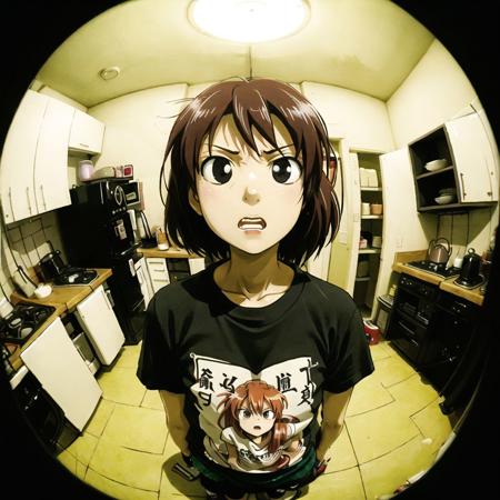 <lora:fisheye2:1>, fisheye, 

<lora:retro_ham_avas_jun_rifl:1>, 1girl, angry, souryuu asuka langley, t-shirt, kitchen