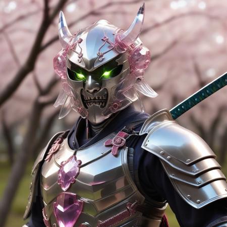 cs-cr1stal-v2, A realistic Samurai holding a sword, solo, armor made of glass, 1boy, male focus, holding, dual wielding, samurai, helmet made of glass, horns, holding sword, japanese armor made of glass, light pink skin, green eyes, full body, fighting stance, Tokio background, tokio, Sakura tree made of glass, cherry blossom tree, tree made of glass, glowing, glowing eyes, sheath, standing, gloves, teeth, japanese clothes, white hair, shoulder armor, demon, looking at viewer, stained glass mask, ponytail, fangs, sharp teeth, glass armor