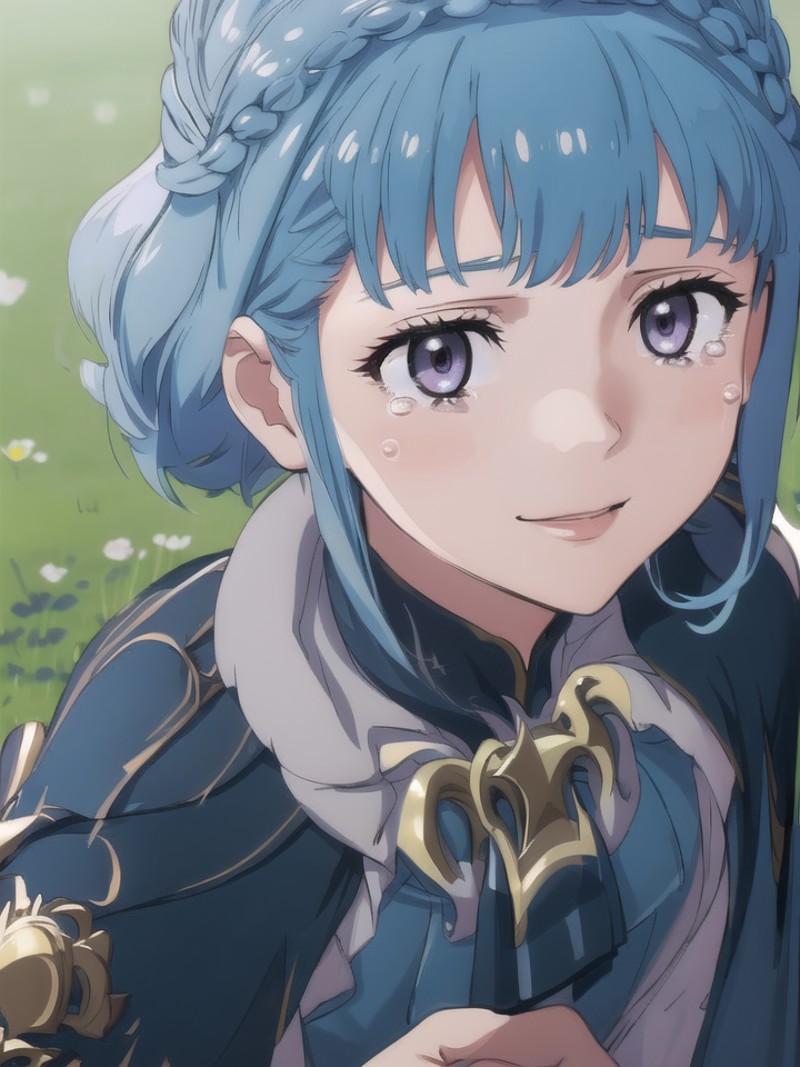 masterpiece, best quality, marianne_timeskip, blue dress, capelet, half-open eyes, smiling, crying, streaming tears, upper...