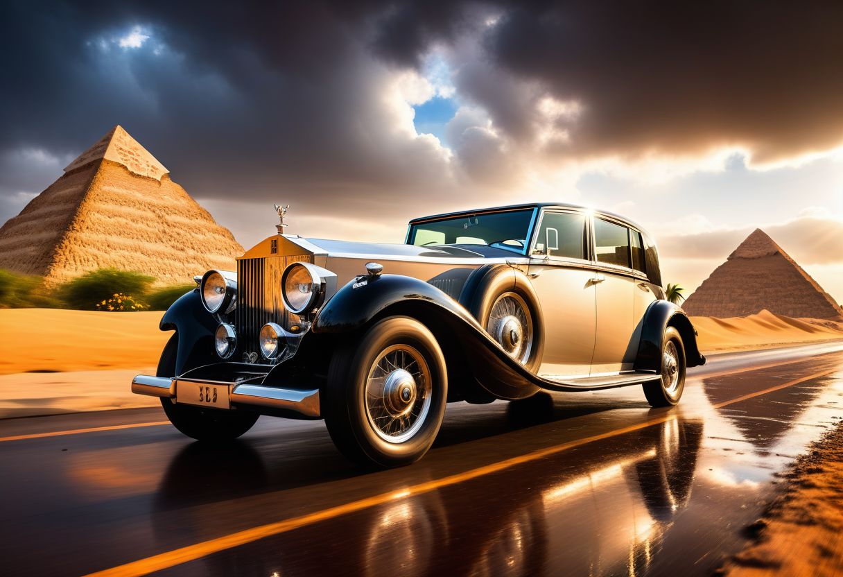 cinematic photo of Rolls-Royce Phantom II 1930, magnificent three pyramids of Giza appear clearly, charm, highly detailed car, Professional lighting, full of life, Lively and energetic, 8K, rays of sun flow beyond heavy clouds, HDR, Fast & Furious movie, motion blur, moving tires, Cinematic Shot, Cinematic Lighting, amazing world, pure perfection, Need For Speed, wide angle exterior background, wet asphalt road, autumn leaves, grass, flowers, jasmine flowers, palm trees, nebula horizon.