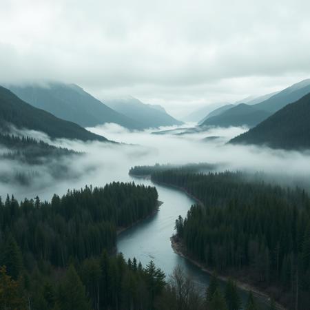 medieval, a wide river, mountains  forests, rain, mist, gloomy and overcast, cold, ominous