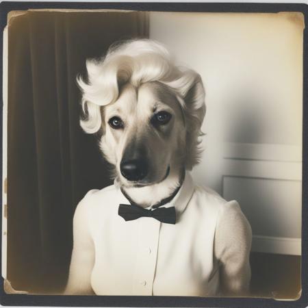 Faded Polaroid Photo, highres,absurdres,masterpiece,karmikarminsky,a dog (cosplaying as marilyn monroe:1.3),wearing blonde wig,fully clothed,<lora:karmikarminskyxl:1>,(full body:1.25),, analog, old faded photo, old polaroid