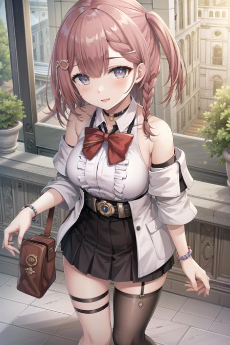 best quality,masterpiece, high res,original, beautiful detailed eyes, asta_\(star_rail\), 1girl, medium hair, hair_ornament, hairclip, choker, jewelry, bow, bowtie, jacket, off_shoulder, shirt, bare_shoulders, skirt, thigh_strap, detached_sleeves, dress, wide_sleeves, smile, from above, <lora:asta:0.8:MIDD>  <lora:torino_aqua_offset:1>