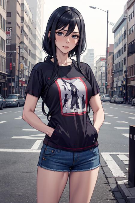 masterpiece, best quality, absurdres, perfect anatomy, 1girl, solo, RyobaAishi, t-shirt, denim shorts, standing, outdoors, city, hands in pockets, <lora:CHAR-RyobaAishi:0.8>