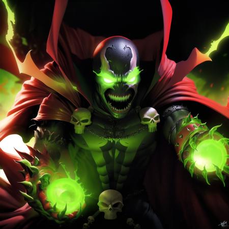 spawn, glowing, red cape, male focus, green eyes, solo, skull, monster, teeth, green fire, intricate details, masterpiece, absurdres, best quality <lora:spawn:0.9>