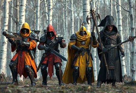 Four action Gravekeepers (orange/black Cannonholder with gun & sword, red Visionary, yellow Nobleman, black Shaman with cape) line up against stark White Forest poplars. Meticulously detailed armor, weapons, dynamic action poses. 4K, matte painting, splash ink, octane render, Unreal Engine 5, Raphael & Houdini styles. Vivid emotions, beautiful detailed eyes, Artstation, CGSociety, Mark Brooks, Brad Kunkle, Alena Aenami style, colorful textured brushstrokes, soft illumination, golden ratio.