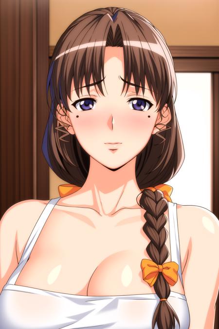 Simple White Background,
apron, collarbone, Yellow shirt,
<lora:more_details:0.3>,<lora:Kyouko_Moroboshi_SweetHome-KK77-V1:0.7>,
bangs, Brown Hair, Blue eyes,single braid, Orange hair ribbon,
<lora:Oda_Non_Style-KK77-V2:0.3>,<lora:more_details:0.1>,
1 girl, 20yo,Young female,Beautiful Finger,Beautiful long legs,Beautiful body,Beautiful Nose,Beautiful character design, perfect eyes, perfect face,expressive eyes,perfect balance,
looking at viewer,(Focus on her face),closed mouth, (innocent_big_eyes:1.0),(Light_Smile:0.3),
official art,extremely detailed CG unity 8k wallpaper, perfect lighting,Colorful, Bright_Front_face_Lighting,White skin,
(masterpiece:1.0),(best_quality:1.0), ultra high res,4K,ultra-detailed,
photography, 8K, HDR, highres, absurdres:1.2, Kodak portra 400, film grain, blurry background, bokeh:1.2, lens flare, (vibrant_color:1.2),professional photograph,
(Beautiful,large_Breasts:1.4), (beautiful_face:1.5),(narrow_waist),