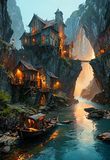 cinematic a sprawling, intricate city built into a rocky cliffside, illuminated by warm, glowing lights. The architecture is a blend of medieval and steampunk styles, with wooden structures, metal gears, and pipes. A waterfall cascades down the center, adding a dynamic element to the scene. In the foreground, a small boat with two figures navigates the water, surrounded by jagged rocks. The sky is overcast, with a hint of sunlight breaking through, casting a mystical ambiance. The overall color palette is a mix of earthy tones and cool blues, enhancing the fantastical atmosphere., monet,  oil painting, fr4z3tt4