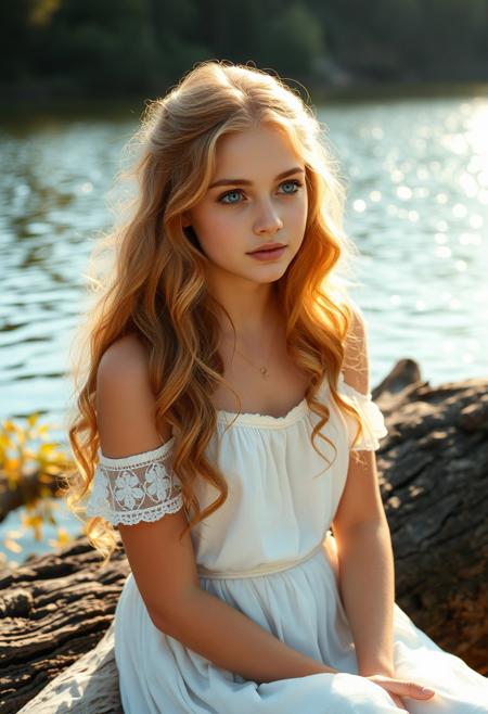 an innocent, gentle princess named Isabelle aged 18. she has soft wavy golden hair, innocent blue eyes, and is wearing a white dress. she is sitting on a log by the lake, gazing at the shimmering water under the sun