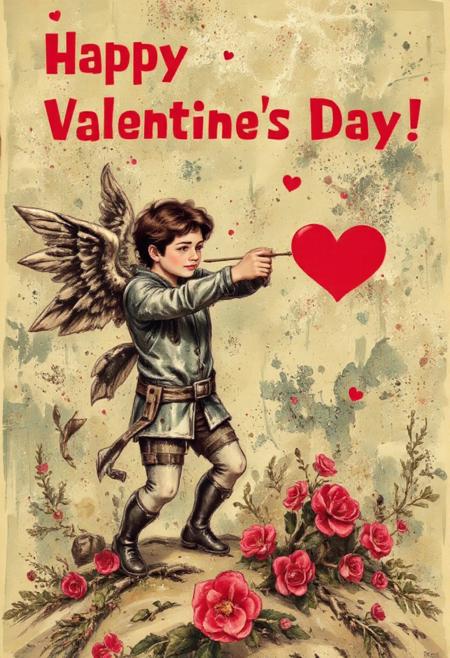 Text: "Happy Valentine's Day!"
Cupid in armor shoots a heart arrow from a bow.