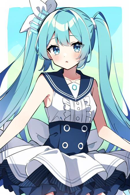 <lora:Hatsune Miku(Blue Archive):0.8>, buruaka miku, bangs, twintails, aqua hair, hair ornament, very long hair, blue eyes, frills, sleeveless, sailor collar, sleeveless shirt, skirt, fcoowboy shot