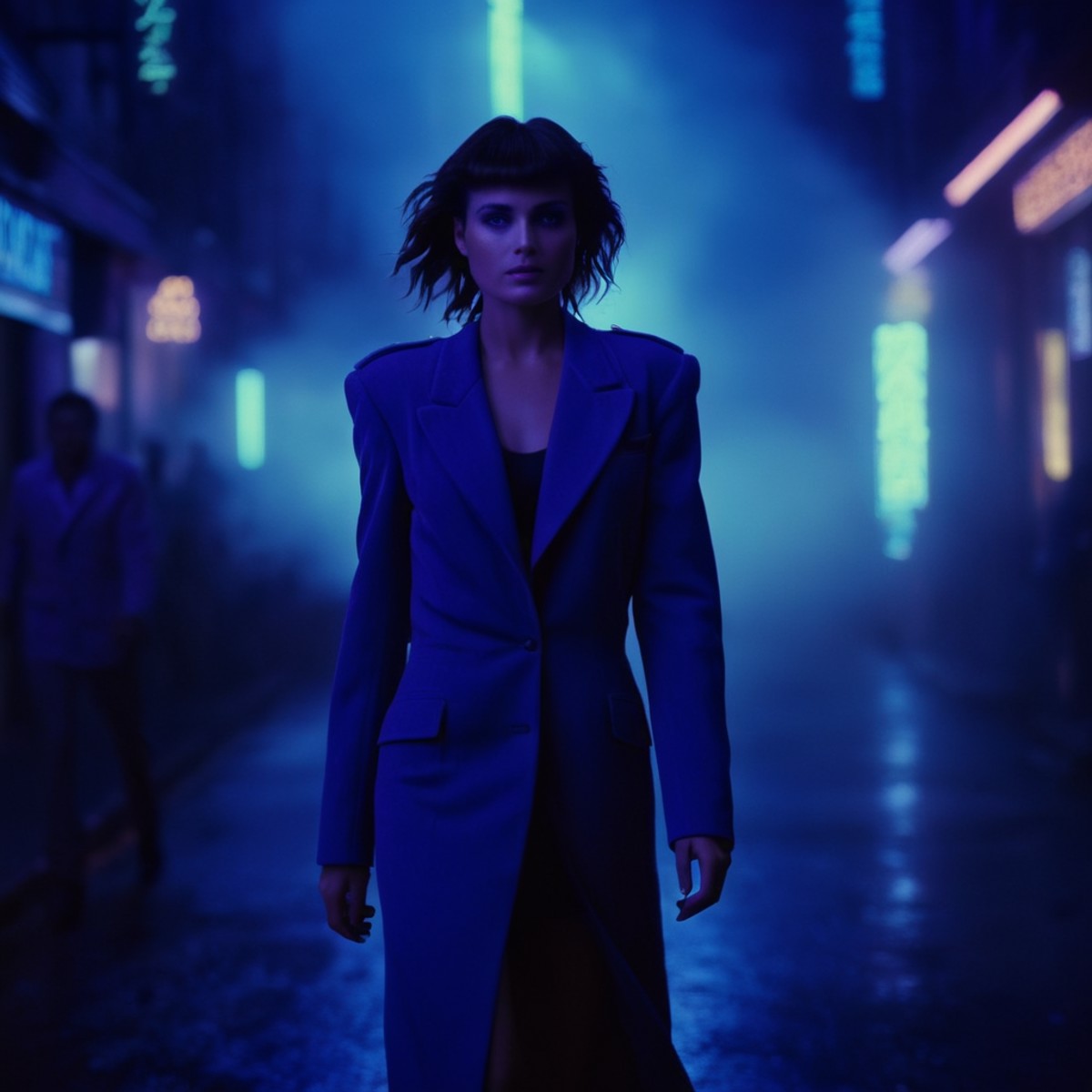 cinematic film still of  <lora:Ultraviolet lighting Style:1> Ultraviolet lighting Style
 <lora:Blade Runner Style:1>
A wom...
