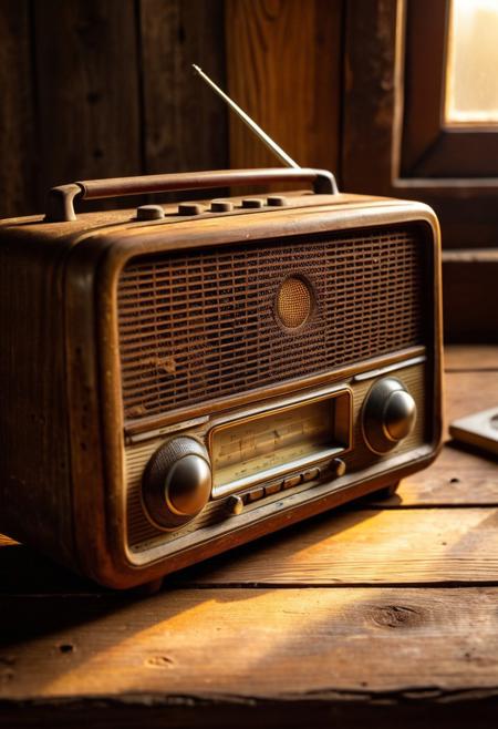 A vintage radio, its surface worn and weathered, softly playing nostalgic tunes. It rests on a rugged wooden table with deep grains and knots, bathed in warm, golden light. Dust particles dance in the air, creating a cozy, ultrareal rustic scene that feels like a moment frozen in time.
