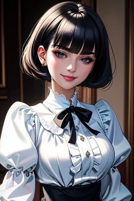 ((Masterpiece, best quality)),edgQuality,smirk,smug,  bob cut,
edgCT, a woman in a blouse, puffy sleeves,wearing edgCT,chic top ,ribbon,cape
 <lora:edgChicTops1:1>