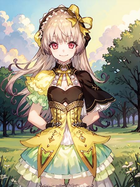 charsuelle, 1girl, solo, smile, bow, looking at viewer, dress, hair bow, hairband, cleavage cutout, thighhighs, arms behind back, closed mouth, short sleeves, capelet, skirt, puffy sleeves,  frills, bangs, outsides, cloudy sky, field, grass, <lora:suellev1a:0.9>