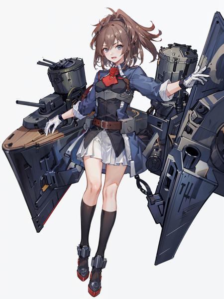 sheffield \(kancolle\) , 1girl, solo, red ascot, skirt, gloves, ascot, red flower, flower, white gloves, rose, belt, red rose, belt buckle, full body, white skirt, pleated skirt, socks, buckle, kneehighs, simple background, brown belt, uniform, open mouth, black socks, military, rudder footwear, white background, military uniform, long sleeves, original, intricate detail, illustration, masterpiece, extremely detailed CG unity 8k wallpaper, highlight, sharpening, dynamic,  <lora:Sheffield-2:0.5>