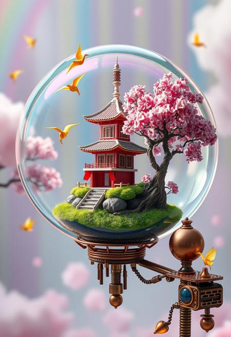 Step into a mesmerizing dreamscape where reality sways with imagination! At its core, a colossal soap bubble shimmers with cascading, ethereal rainbows. Inside this delicate sphere, a whimsical Japanese pagoda floats, its walls draped in vibrant candy-striped silk and its roof a cascade of golden origami cranes, each gently fluttering.
This fantastical pagoda perches atop a floating island of neon-green grass that sparkles as if dusted with fairy dust. Encircling it, cherry blossom trees burst with clouds of cotton candy blooms, their petals swirling in pink whirlwinds and releasing faint, sweet fragrances. Nearby, a playful bonsai tree, with shifting leaves in a kaleidoscope of colors, beams cheerfully, while ethereal firefly fairies dance among its branches, casting a soft, glimmering light.
The bubble rests on a fantastical contraption of polished copper and glowing gemstones, teetering on oversized moss-covered blocks inscribed with “WONDERS OF FLUX” in whimsical script. Surrounding the scene, a moat of liquid starlight ripples with leaping origami koi fish. In the background, an enchanted forest reveals ice cream-flavored tree trunks and giant mushrooms. Shafts of prismatic light cut through the canopy, revealing mischievous cloud sheep in a sky shifting from bubblegum pink to electric blue. The scene bursts with electric purples, lime greens, sunset oranges, and cerulean blues, creating a harmonious tapestry of whimsy and wonder.