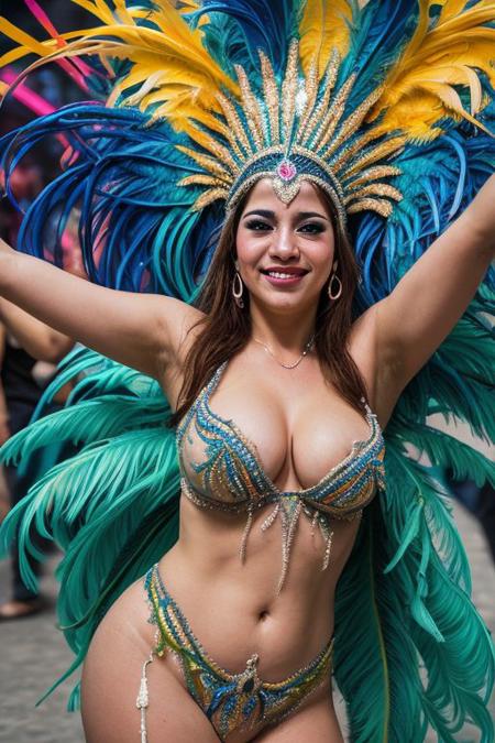 Masterpiece, highest-quality, epic vibrant details, 2D colored ink style, concept art, impasto, A beautiful busty voluptuous 20yo Brazilian Carnival dancer, a headdress made of bright blue bird feathers, Rio Carnival celebration, Rio De Janeiro, shallow depth of field, highly detailed, glowing details, scene is charged with vibrant colors, detailed textures to bring the scene to life, (sharpest quality), (sharpest focus), Full-view, wide angle, atmospheric lighting, (8k), visually stunning, high contrast, easynegative
