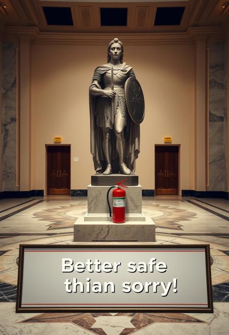 Create an image of a statue of Giovanna d’Arco (Joan of Arc) displayed in a museum setting. The statue should have a classic, realistic style, capturing the figure in her iconic armor, holding a sword and shield. The setting is an elegant, spacious museum with marble floors and soft lighting highlighting the statue. Near the base of the statue, there should be an extinguisher (extintor) subtly placed in the scene, offering a contrast between the historical figure and the modern, functional object. In the foreground, include a small panel with the text ‘Better safe than sorry!’ in a playful, modern font, emphasizing the juxtaposition of ancient history and modern safety. The atmosphere should evoke a sense of reverence for the past, but with an unexpected, almost humorous twist.