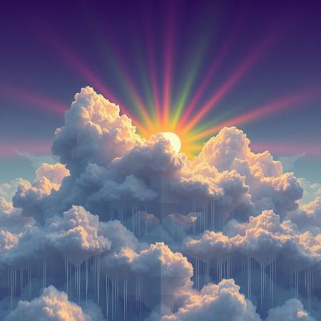 fractal clouds with gradient colors, crystallized sun with rainbow rays, octagonal rain falls