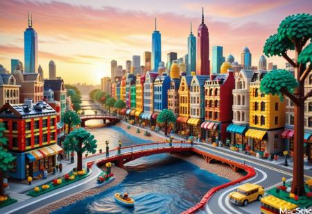 vibrant LEGO metropolis, towering LEGO skyscrapers, multicolored LEGO facades, intricate LEGO windows, soft-textured LEGO streets, braided LEGO bridges spanning plush LEGO rivers, oversized pom-pom LEGO trees lining boulevards, sunset cotton-candy sky, warm diffuse lighting, macro depth-of-field, hyper-detailed stitch patterns, tilt-shift perspective, whimsical miniature scale, cozy handmade atmosphere, high-resolution 8-k, photoreal LEGOs, Octane render, vibrant yet harmonious palette, dreamlike ambience