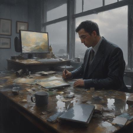 the painting of a wet office worker, scientist is working on the computer during rain, the roof is leaking, gloomy atmosphere, by Mikhail Vrubel