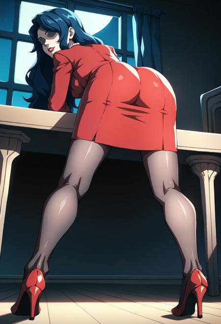 PMMB, blue hair, lipstick, long hair, red nails, shaded face, faceless female, no eyes, medium breasts, pearl necklace, red skirt suit, red jacket, cleavage, red skirt, pencil skirt, black pantyhose, red footwear, high heels,