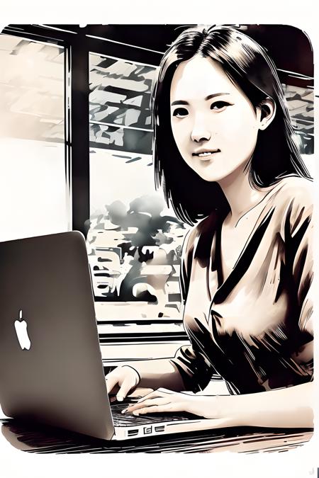 ink_style , female, portrait of woman, using macbook, coffee shop background, wearing blouse , <lora:InkStyle:1>   <lora:AliceOu:1>