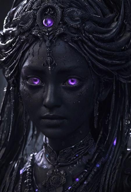 Completely black screen, absolutely nothing, pure black, detailed, but the old goddess with glowing darkviolet eyes are rising, FastNegativeV2,