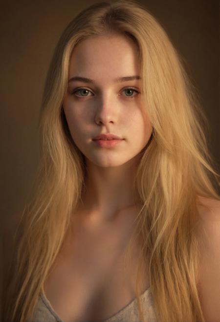 A beautiful portrait of a young woman ((full body)) with fair skin, long blonde hair.  She is 20 years old and exudes a confident and seductive aura. The background is a subtle mix of warm and cool tones, creating a depth effect that emphasizes the beauty of the person portrayed. The lighting is soft and natural, with a golden glow illuminating her face., portrait photography
