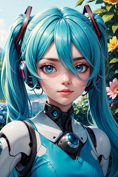 (masterpiece, best quality:1.4), high detail,  detailed background,dramatic lighting, 1girl, cute, (vocaloid), ((Hatsune Miku)), ((blue teal hair)), (long hair), (pastel colors:0.9), (blue beautiful eyes), (gradient hair), (gradient eyes), (((masterpiece, best quality, volumetric lighting, dynamic pose, intricately detailed face))), ((perfect eyes)), (((looking at the viewer))), ((summer)), ((perfect details)), ((light particles)), ((scenery)), ((Garden)), ((illustration, aesthetic)), flowers covering one eye, ((robotic dress)),, <lyco:GoodHands-beta2:0.8> <lora:more_details:0.3> <lyco:GPTS4 dreamwave full_478773:0.3>