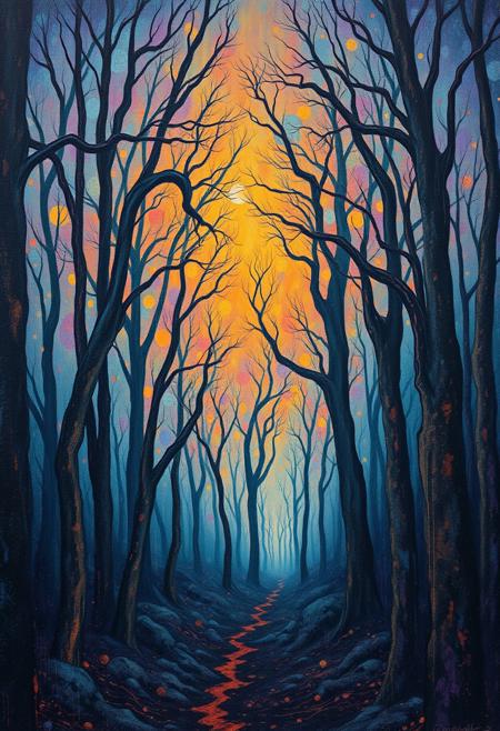 Historical medieval painting of a forrest. Highly ornamental abstract psychedelic style. Eerie, serious, mystical, adult, malicious atmosphere. Highly intricate, sharp details, dirty oil texture. Vibrant shades of blue, purple, and orange.