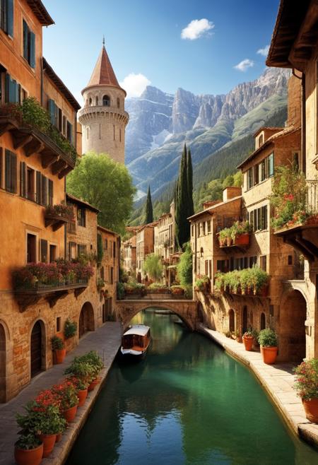 a grand capital city nestled in the heart of a magical realm inspired by Dungeons and Dragons. The city stands as a testament to both architectural splendor and mystical enchantments. The streets are bustling with life, filled with a diverse array of creatures, both human and fantastical, going about their daily routines. The buildings showcase a harmonious blend of traditional medieval design and whimsical magical enhancements. Ornate bridges span over flowing rivers and canals, connecting various districts of the city. Gardens and parks are interspersed throughout, teeming with vibrant, otherworldly flora and fauna. In the central square, a magnificent fountain serves as a gathering place, its waters sparkling with magical energies.