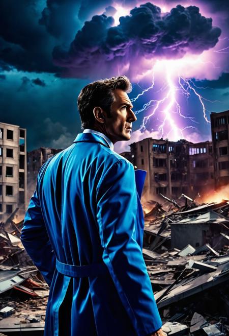 CGI Render, Close Up. Doctor in a lab coat standing in a destroyed city, looking up at massive lightning in the sky. Wide Angle Lens. Vibrant colors with bold lines, reminiscent of comic book art by Frank Miller. Electric blue lightning illuminating the dark clouds. Detailed, dynamic cityscape behind the Doctor. Dark, ominous lighting with flashes of electric blue. Best quality, high contrast, bold, dynamic, action-packed, vibrant, destruction, chaos, SuperVillian, comic book panel.
