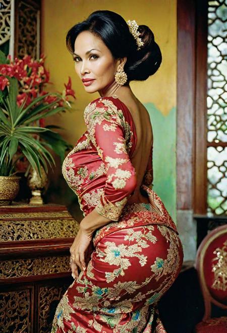 A portrait of a 45yr old mother at jakarta taken by David LaChapelle, {{highly detailed, enormous breast size, narrow hips,cherry ass, brunette, tempt}}, {{wearing fully inappropriate kebaya, indonesia traditional clothing}} for adults magazine, bending over