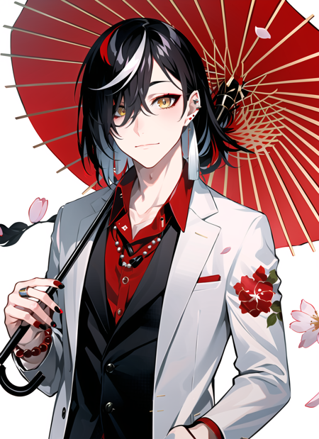 lam \(ramdayo\), 1boy, bead bracelet, beads, black hair, black nails, bracelet, breast pocket, cherry blossoms, closed mouth, dress shirt, earrings, eyeshadow, floral print, hair between eyes, hair over one eye, handkerchief, jacket, jewelry, kimono on shoulders, long bangs, looking at viewer, makeup, male focus, medium hair, multicolored hair, nail polish, pocket, red eyeliner, red eyeshadow, red hair, red shirt, shirt, solo, tassel, tassel earrings, umbrella, upper body, virtual youtuber, white jacket, yellow eyes, ((masterpiece)) <lora:lam__ramdayo__offset:1>