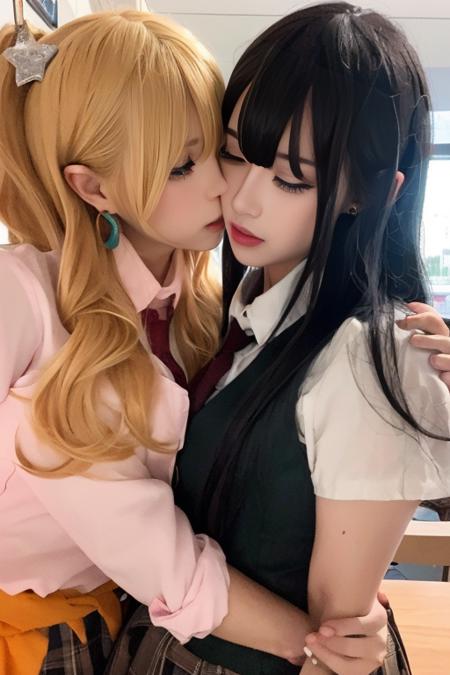 ltra-detailed,highly detailed,best quality,masterpiece,illustration,realistic,photorealistic,
citrus, multiple girls, 2girls, yuri, 
school uniform, vest, shirt, necktie, skirt, 
black hair, blonde hair, jewelry, earrings, long hair, star hair ornament, hair ornament, bangs, ponytail, 
looking at another, hug, kiss, 
blurry background, 
 <lora:citrus_v10_08:0.9>